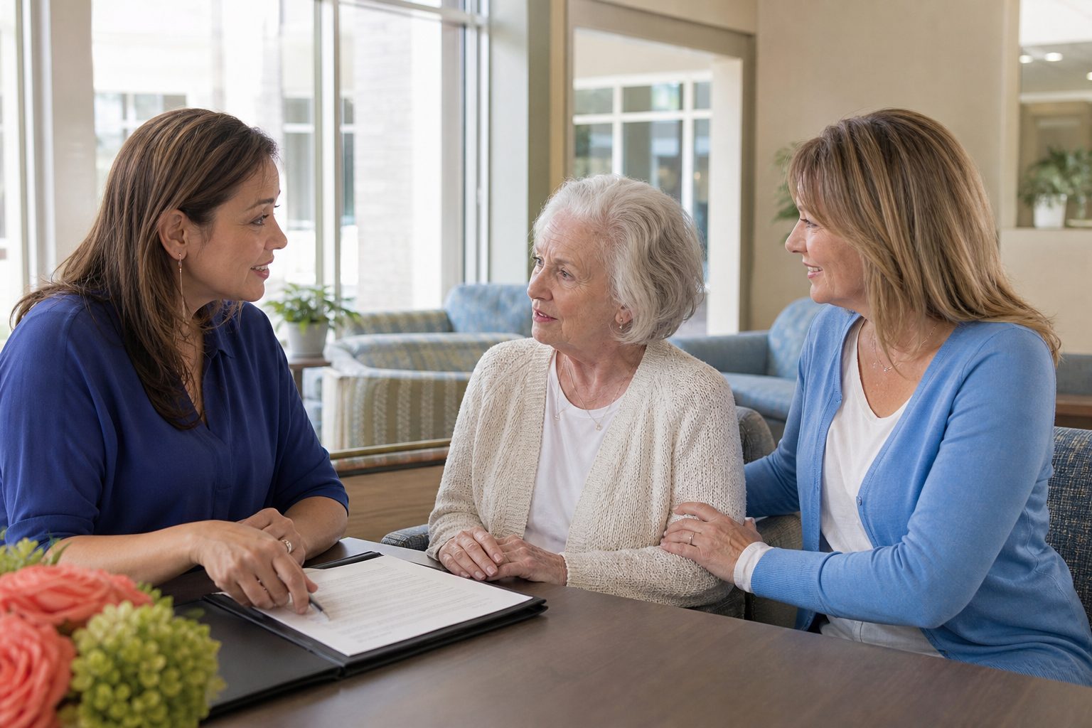 Adult daughter and her mother reviewing a printed residency agreement with a staff member in an assisted living lobby