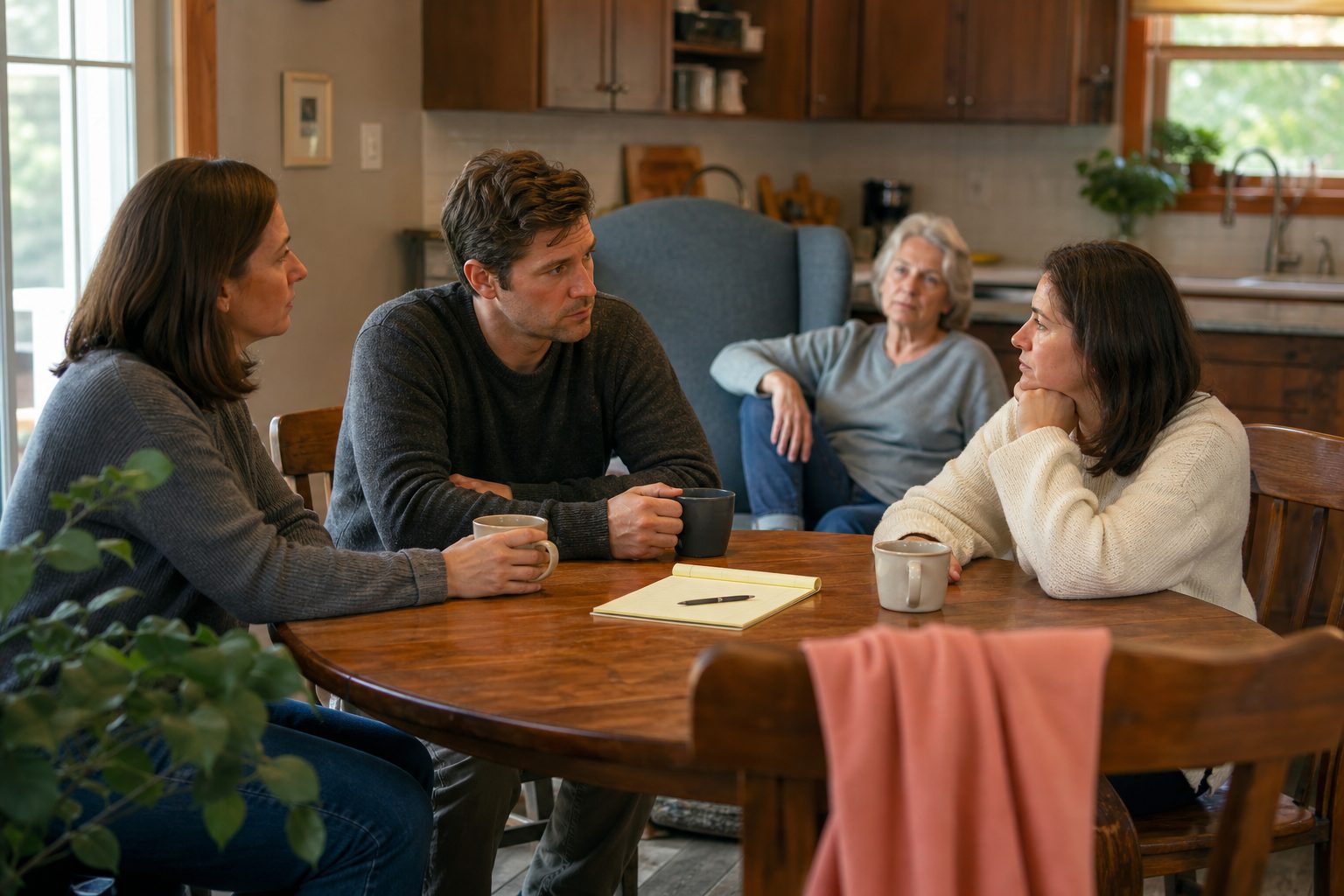 Three adult siblings talking around a kitchen table with a notepad while their elderly parent sits in an armchair nearby