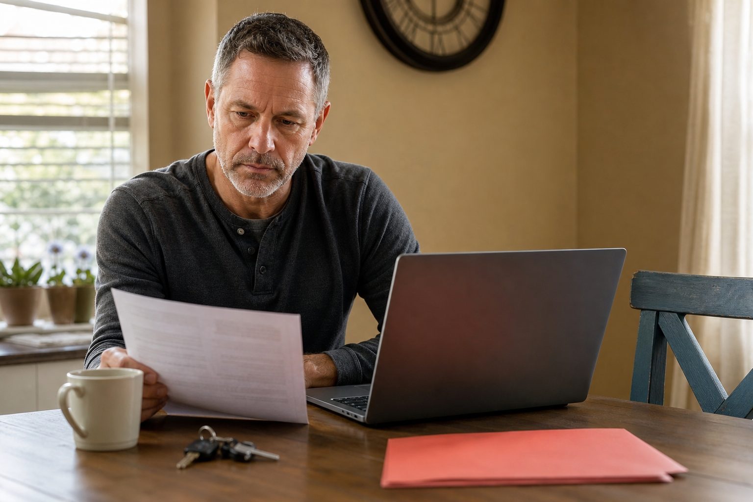 Adult son reviewing a printed leave form beside an open laptop at his dining table in morning light