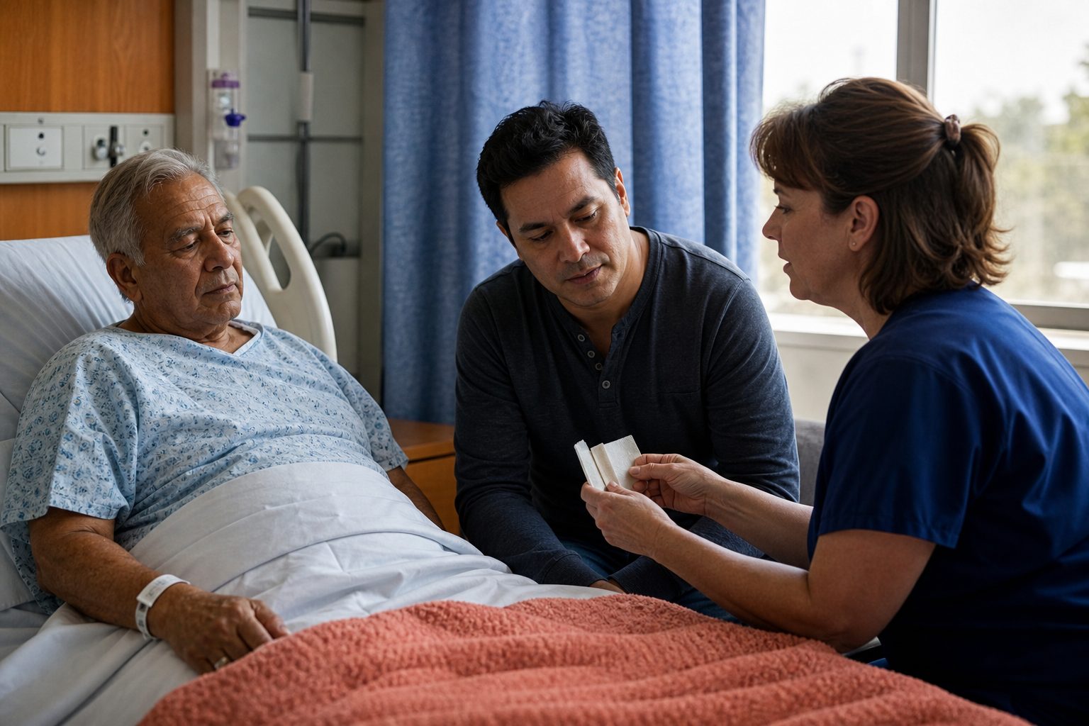 Discharge nurse showing an adult son how to change a dressing at his parent's hospital bedside