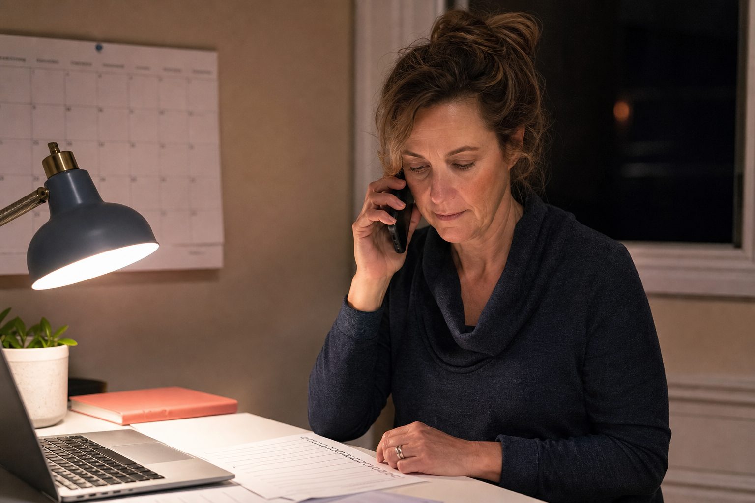 Adult daughter on the phone at an evening desk with a wall calendar and a printed care checklist beside her