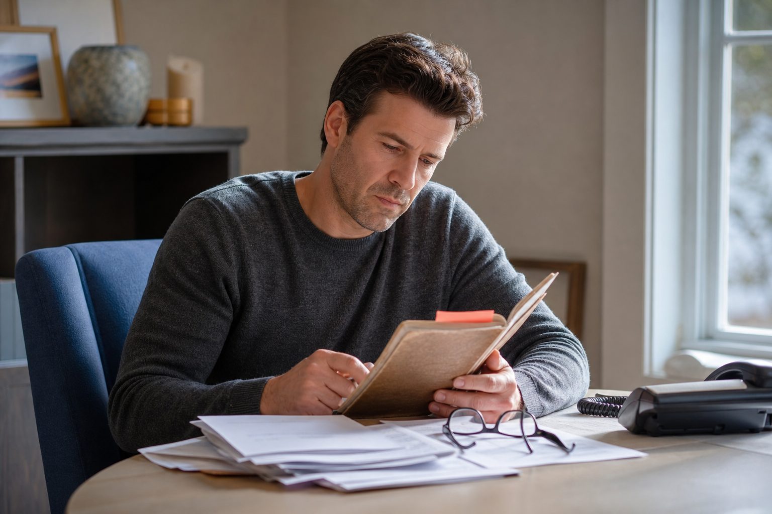 Adult son reading an old long term care insurance policy booklet beside a stack of invoices at a dining table