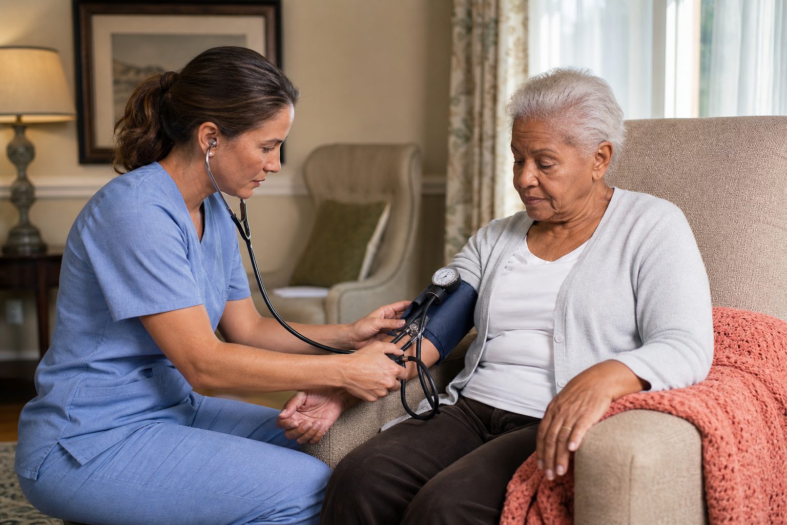 Home health nurse in blue scrubs checking an older woman's blood pressure in her living room armchair