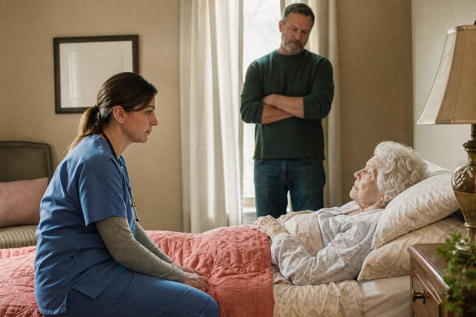 Hospice nurse sitting at the bedside of an elderly woman at home while her adult son stands nearby
