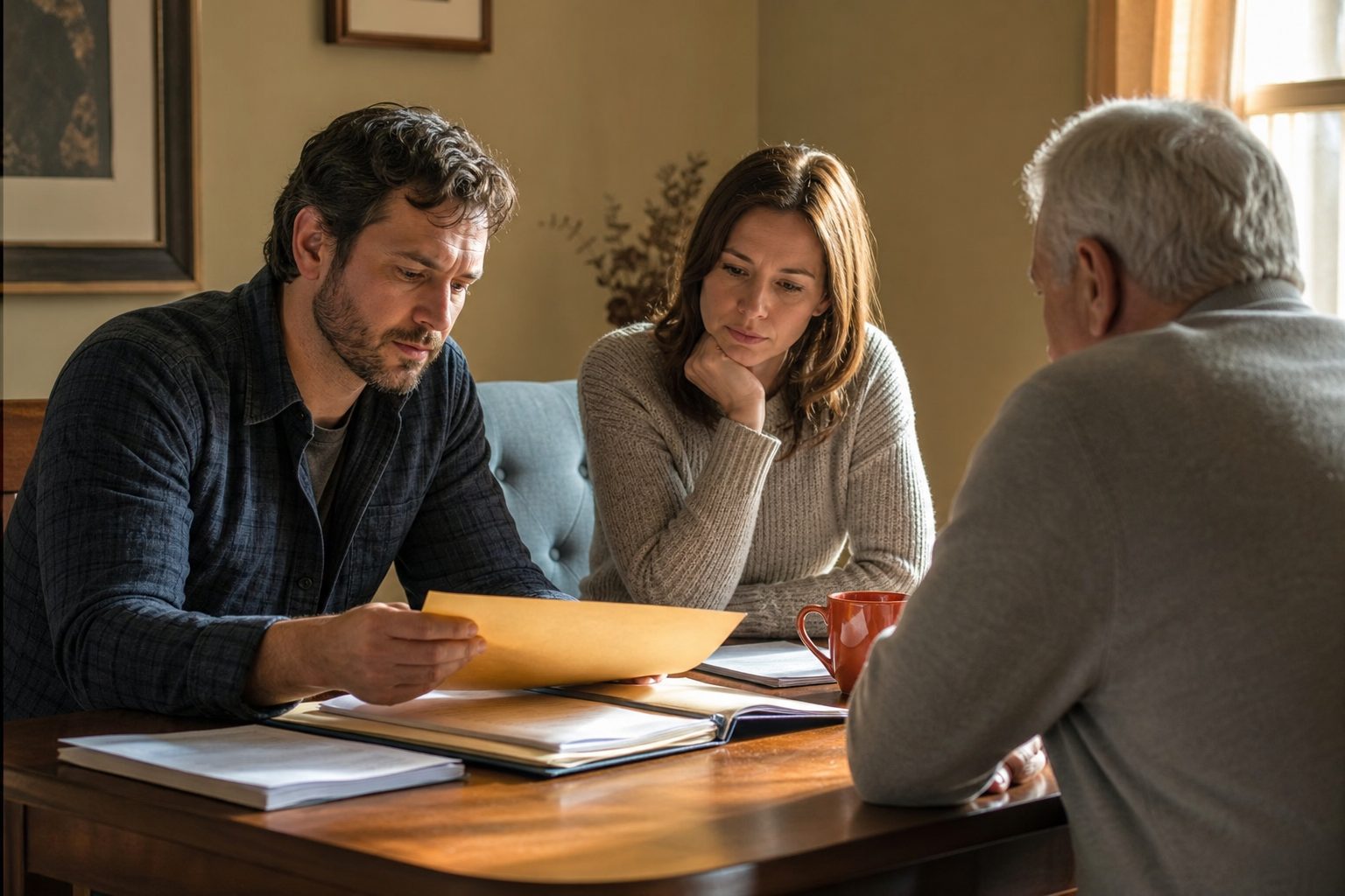 Two adult siblings reviewing legal folders at a dining table while their elderly parent sits nearby