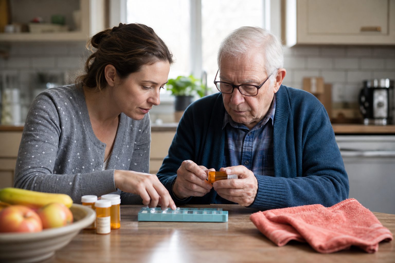 Adult daughter and elderly father sorting prescription bottles into a weekly pill organizer at a sunlit kitchen table