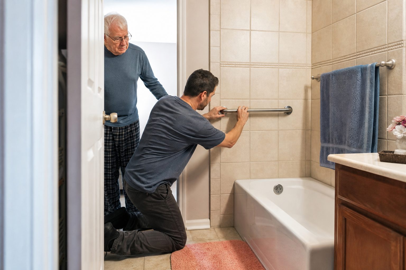 Adult son installing a grab bar beside the bathtub in his aging parent's bathroom