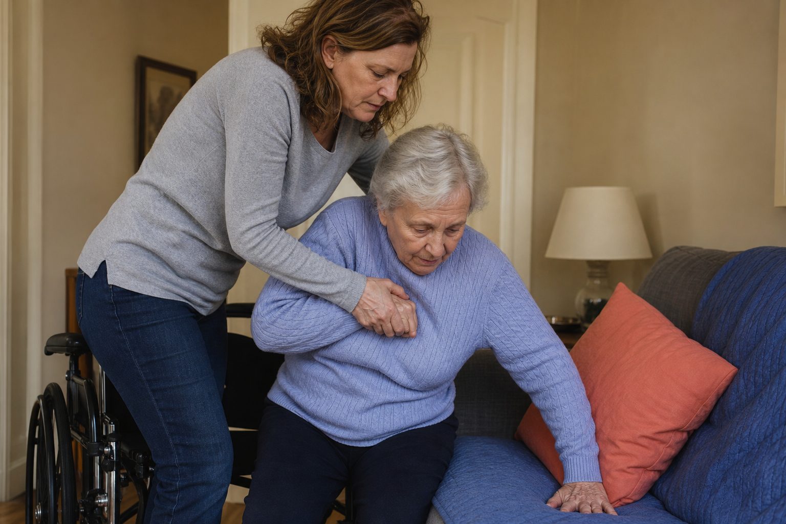 Middle aged daughter helping her mother move from a wheelchair to the living room sofa at home