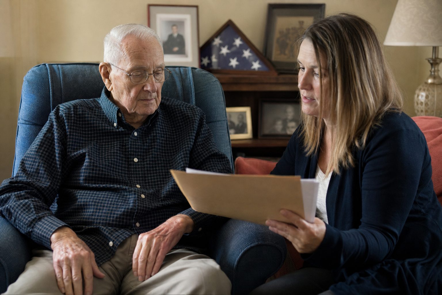Elderly veteran seated in an armchair as his adult daughter goes through a folder of benefit documents beside him