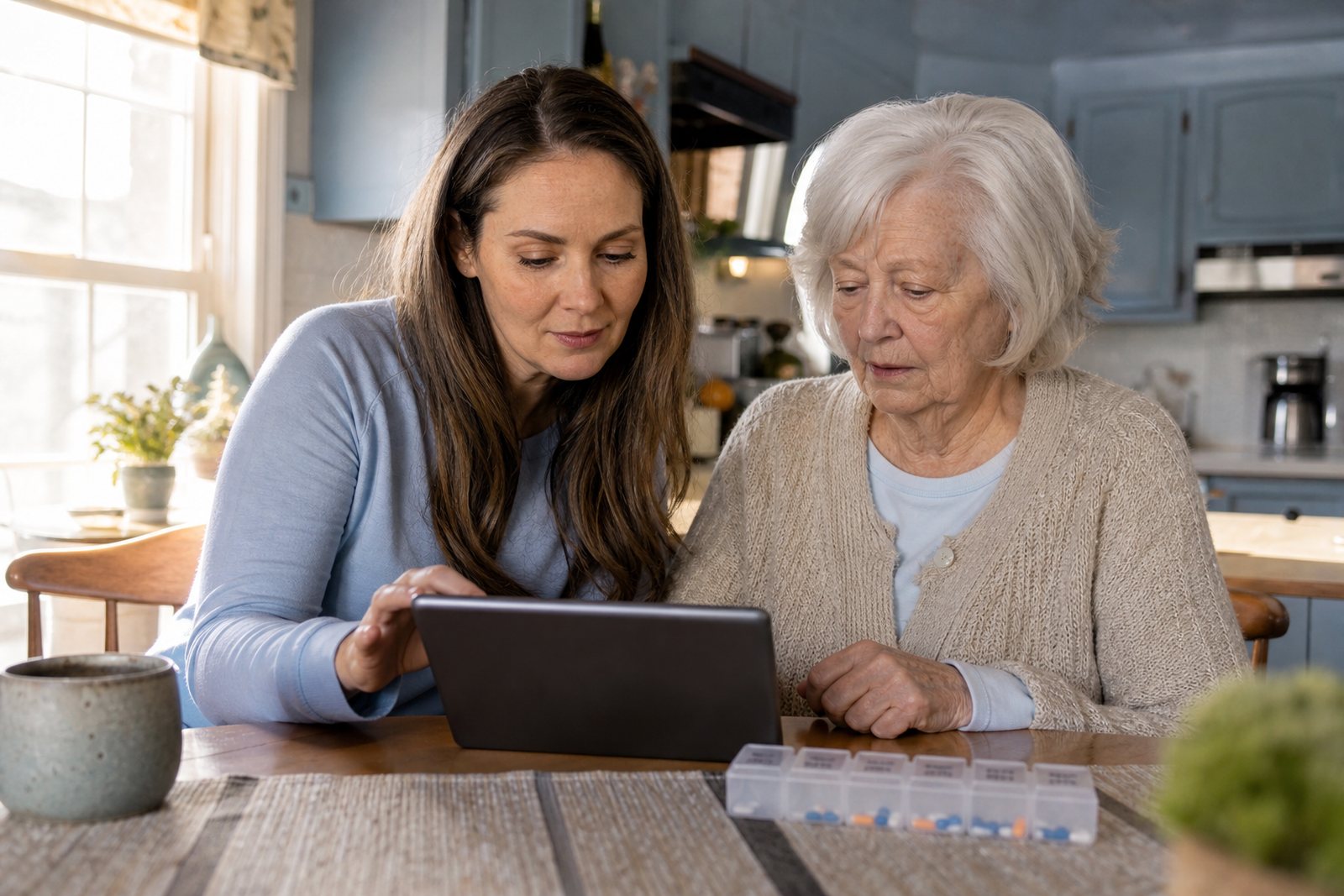 An adult daughter and her elderly mother reviewing a weekly medication schedule on a tablet at a sunlit kitchen table