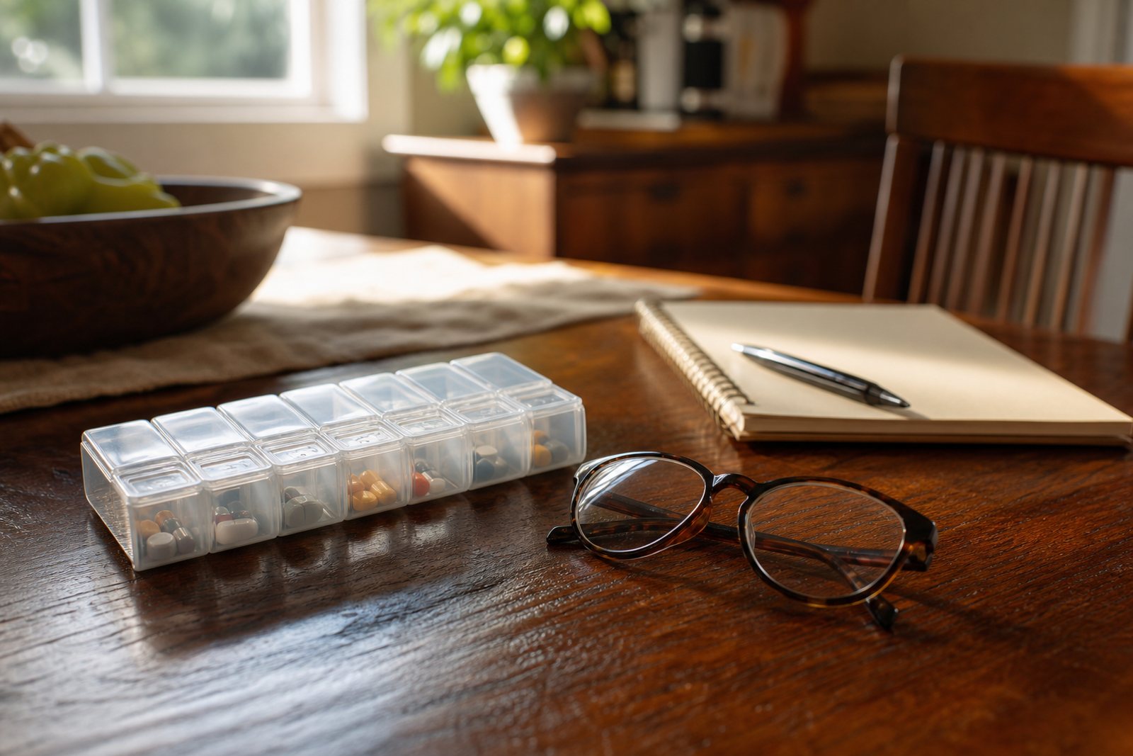 A weekly pill organizer, reading glasses and a handwritten notepad on a sunlit kitchen table in a family home